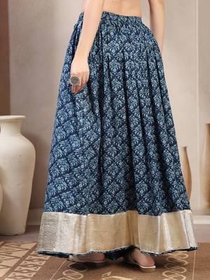 Blue floral printed cotton flared maxi skirt for women 3