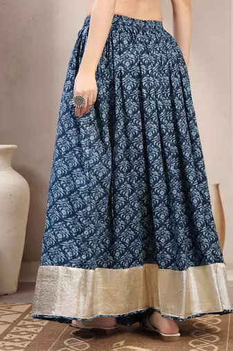 Blue floral printed cotton flared maxi skirt for women