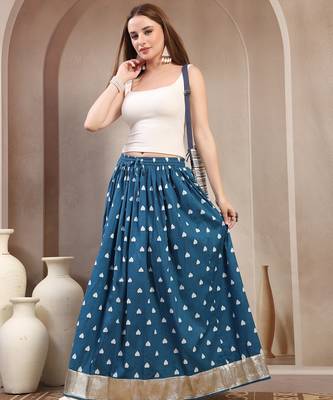 Teal printed cotton flared maxi skirt for women 1