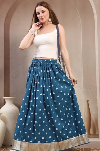 Teal printed cotton flared maxi skirt for women