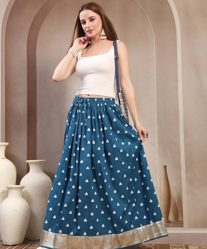 Teal printed cotton flared maxi skirt for women