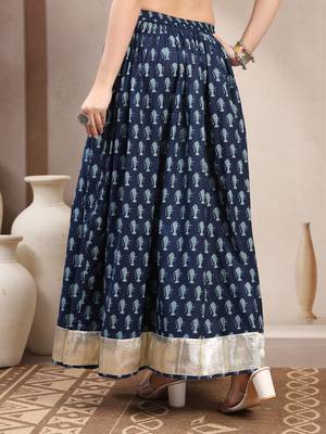 Blue graphic printed cotton flared maxi skirt for women 3