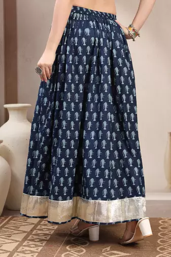 Blue graphic printed cotton flared maxi skirt for women
