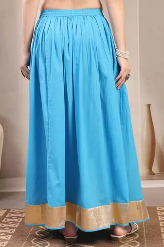 Sky-blue plain cotton flared maxi skirt for women