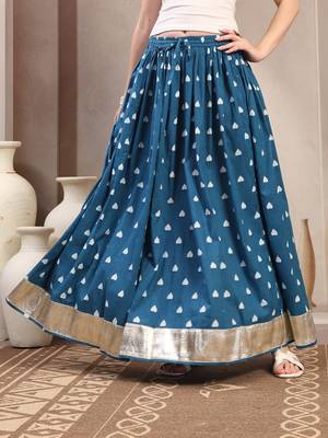 Teal printed cotton flared maxi skirt for women 2