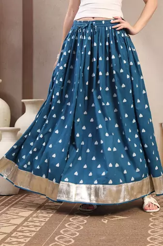Teal printed cotton flared maxi skirt for women
