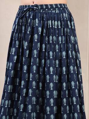 Blue graphic printed cotton flared maxi skirt for women 4