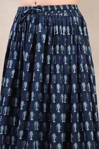 Blue graphic printed cotton flared maxi skirt for women