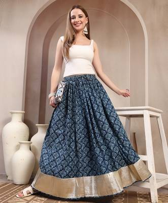 Blue floral printed cotton flared maxi skirt for women 5
