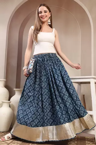 Blue floral printed cotton flared maxi skirt for women
