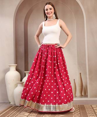 Pink printed cotton flared maxi skirt for women 1