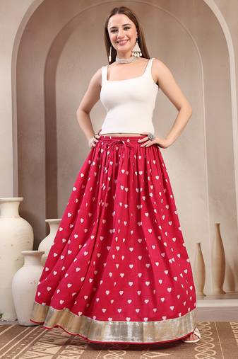 Pink printed cotton flared maxi skirt for women