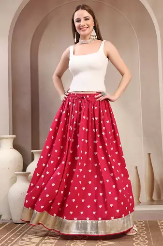 Pink printed cotton flared maxi skirt for women