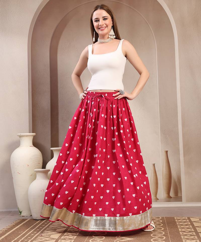 Pink printed cotton flared maxi skirt for women