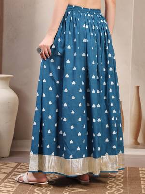 Teal printed cotton flared maxi skirt for women 3