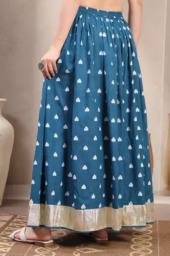 Teal printed cotton flared maxi skirt for women