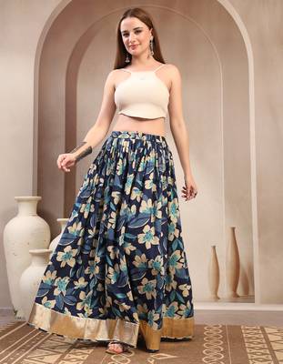 Blue floral printed cotton flared maxi skirt for women 1