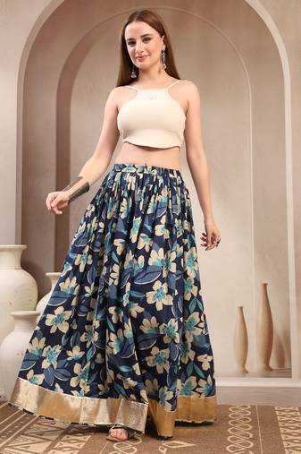 Blue floral printed cotton flared maxi skirt for women