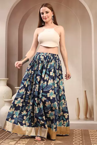 Blue floral printed cotton flared maxi skirt for women