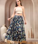 Blue floral printed cotton flared maxi skirt for women