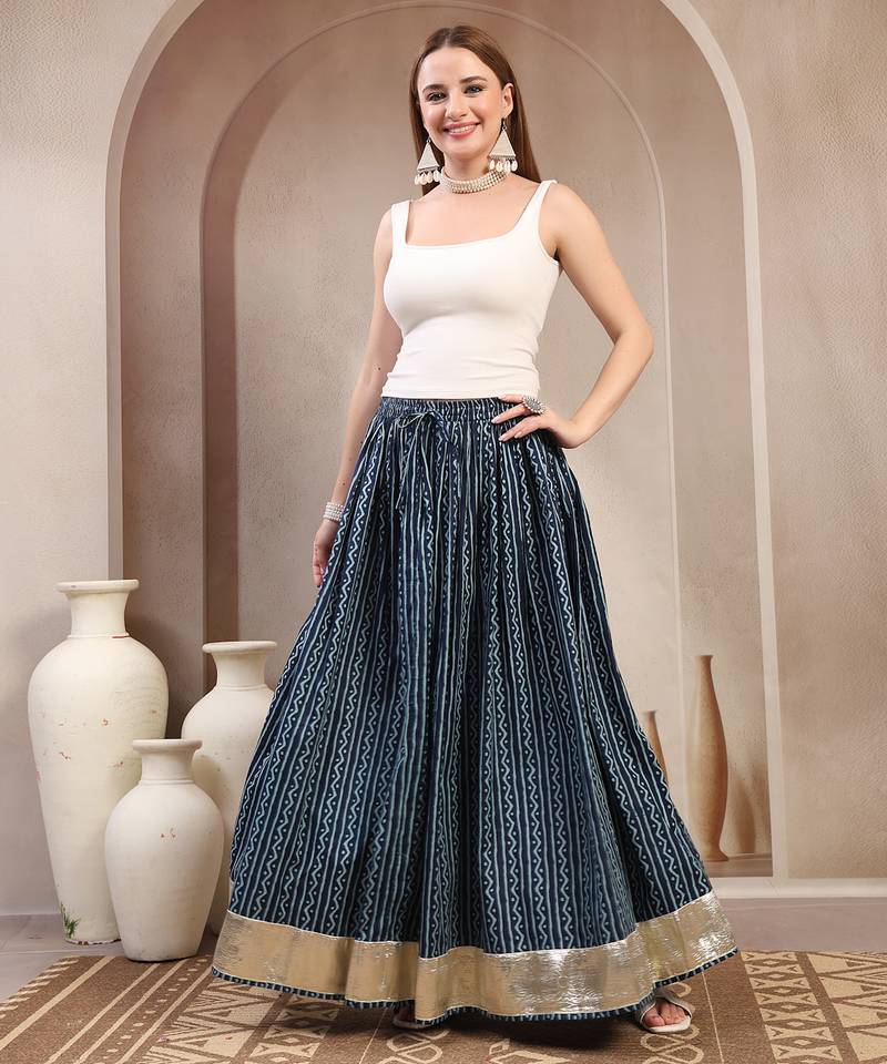 Blue printed cotton flared maxi skirt for women