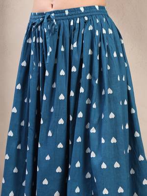 Teal printed cotton flared maxi skirt for women 4