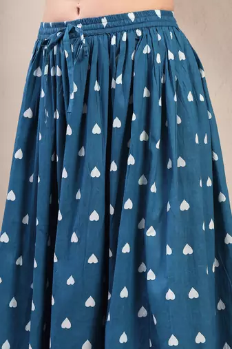 Teal printed cotton flared maxi skirt for women