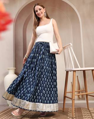 Blue graphic printed cotton flared maxi skirt for women 5