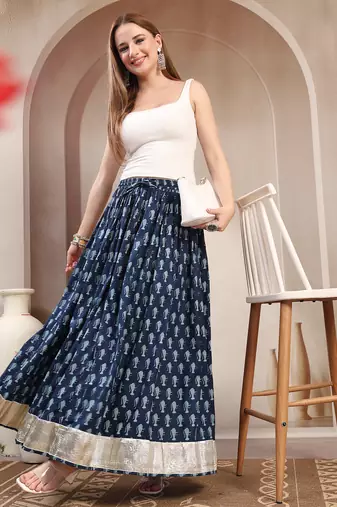 Blue graphic printed cotton flared maxi skirt for women