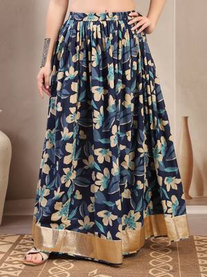 Blue floral printed cotton flared maxi skirt for women 2