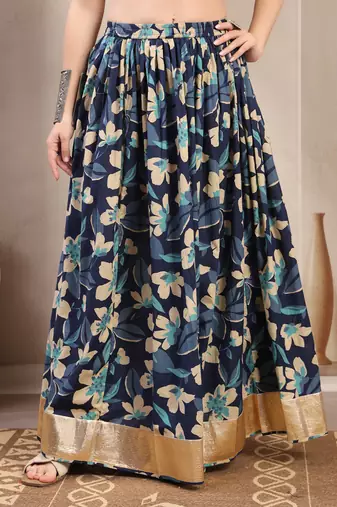 Blue floral printed cotton flared maxi skirt for women