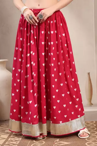 Pink printed cotton flared maxi skirt for women