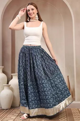 Blue floral printed cotton flared maxi skirt for women