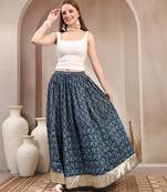 Blue floral printed cotton flared maxi skirt for women