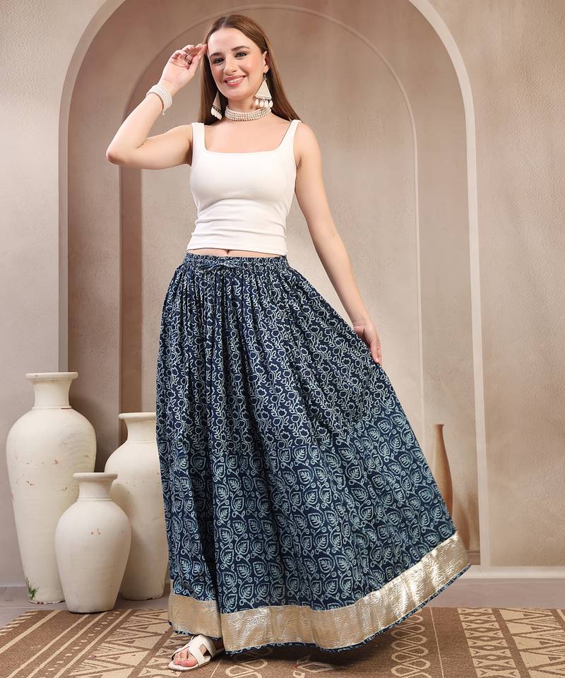 Blue floral printed cotton flared maxi skirt for women