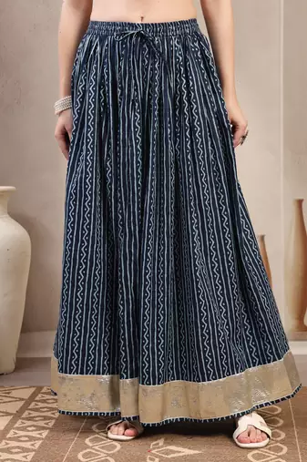 Blue printed cotton flared maxi skirt for women