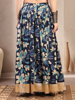 Blue floral printed cotton flared maxi skirt for women 3
