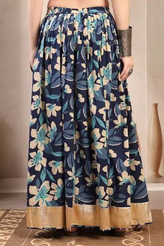 Blue floral printed cotton flared maxi skirt for women