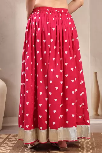 Pink printed cotton flared maxi skirt for women