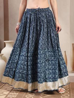 Blue floral printed cotton flared maxi skirt for women 2
