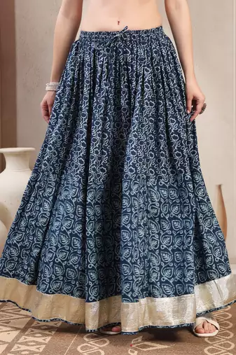 Blue floral printed cotton flared maxi skirt for women