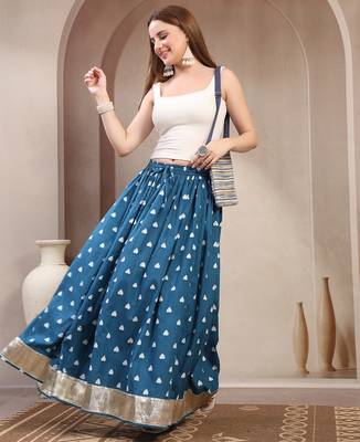Teal printed cotton flared maxi skirt for women 5
