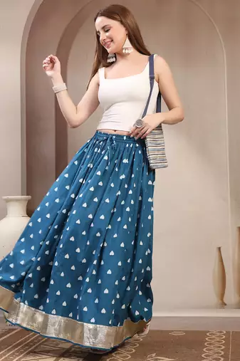 Teal printed cotton flared maxi skirt for women