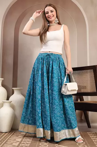 Sky-blue floral printed cotton flared maxi skirt for women