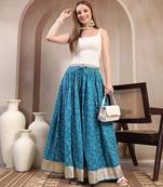 Sky-blue floral printed cotton flared maxi skirt for women