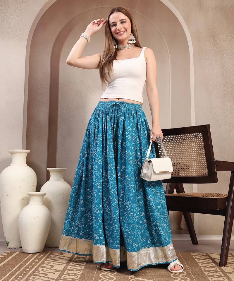 Sky-blue floral printed cotton flared maxi skirt for women