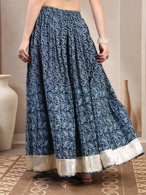Blue floral printed cotton flared maxi skirt for women 3