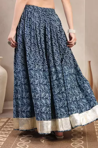 Blue floral printed cotton flared maxi skirt for women