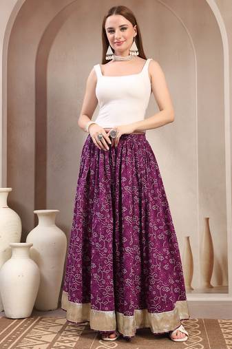 Purple floral printed cotton flared maxi skirt for women