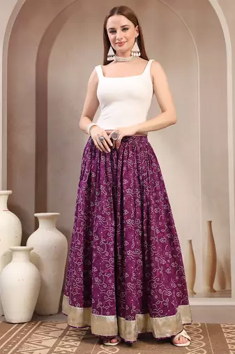 Purple floral printed cotton flared maxi skirt for women